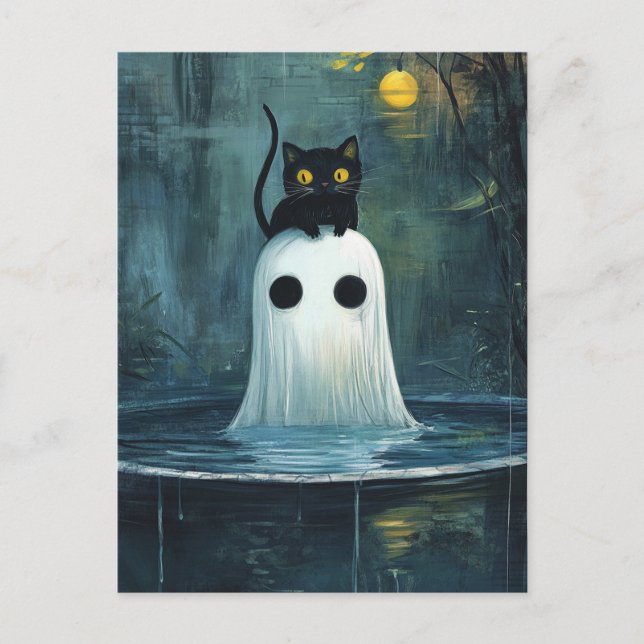 Halloween Cat and Ghost in Pool Postcard (Front)