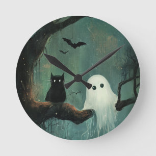 Halloween Cat and Ghost Round Clock