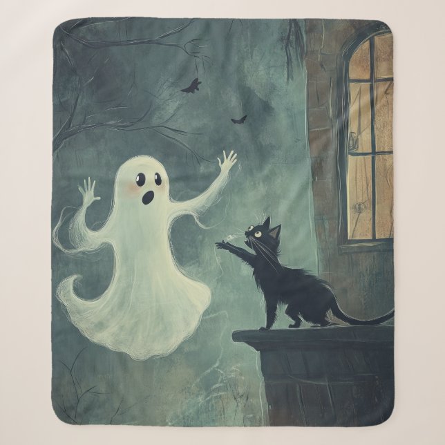 Halloween Cat and Ghost Sherpa Blanket (Front)