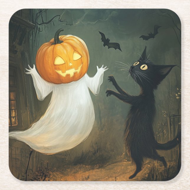 Halloween Cat and Ghost Square Paper Coaster (Front)