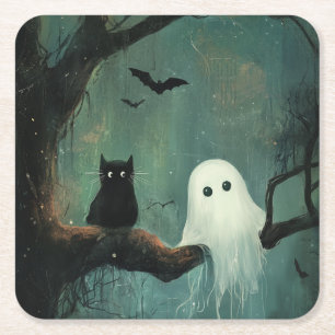 Halloween Cat and Ghost Square Paper Coaster