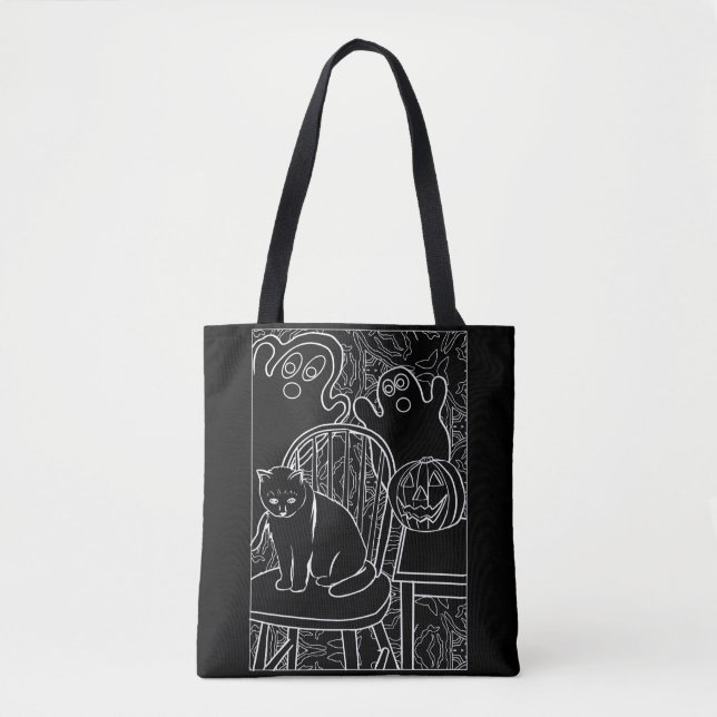 Halloween Cat and Ghosts Tote Bag (Front)