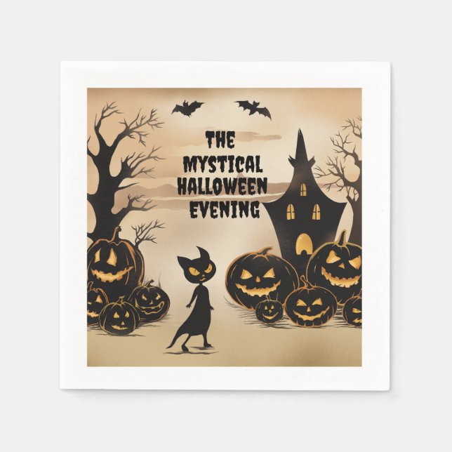 Halloween Cat and Haunted House Napkin (Front)