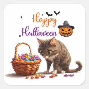 Halloween Cat And Jack O Lantern Candy Surprise 🍭 Square Sticker