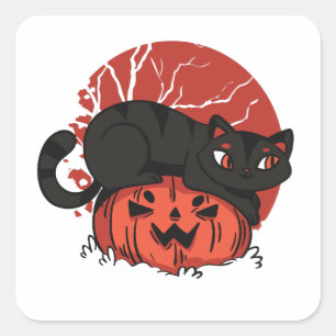 Halloween Cat and Jack o Lantern Square Sticker