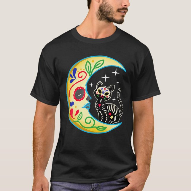 Halloween Cat And Moon Sugar Skull Dia De Los Muer T-Shirt (Front)