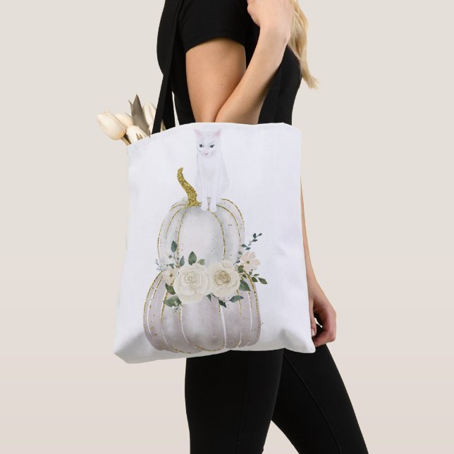 Halloween Cat and Pumpkin Tote Bag (Close Up)