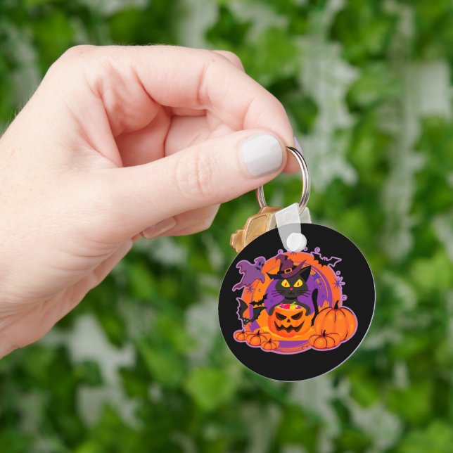 Halloween Cat And Pumpkins Key Ring (Hand)