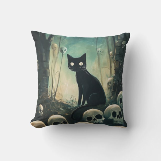 Halloween Cat and Skulls Cushion (Front)
