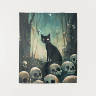 Halloween Cat and Skulls Tapestry