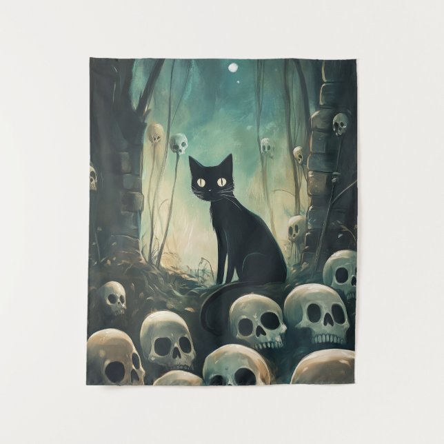 Halloween Cat and Skulls Tapestry (Front)