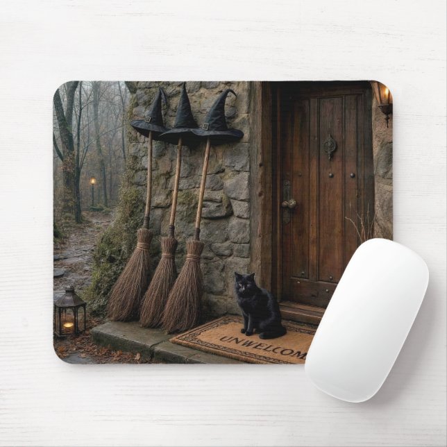 Halloween Cat and Witch Brooms Mouse Mat (With Mouse)