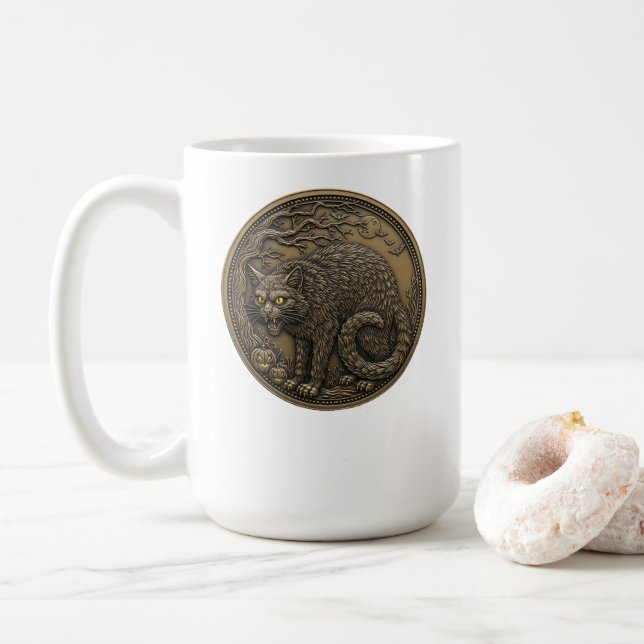 Halloween Cat Bronze Coffee Mug (With Donut)