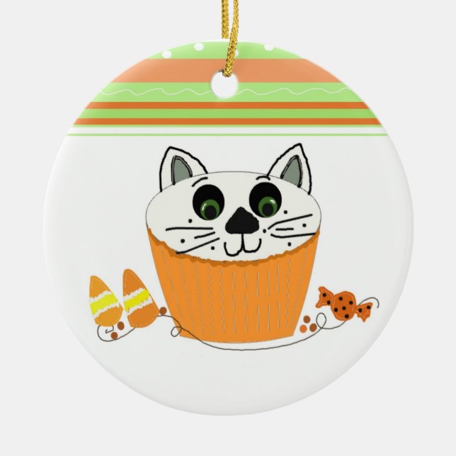 Halloween Cat Cupcake Ceramic Tree Decoration (Front)