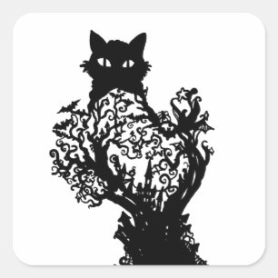 Halloween Cat Diorama with castle bat stars tree s Square Sticker