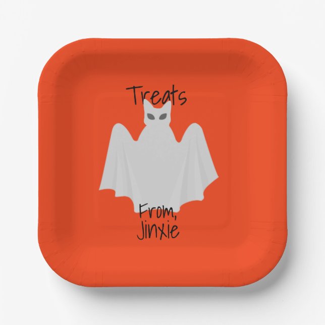 Halloween Cat Dressed Like a Ghost Paper Plate (Front)