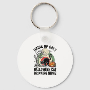 Halloween Cat Drinking Vintage Moon Party Shirt_1 Key Ring