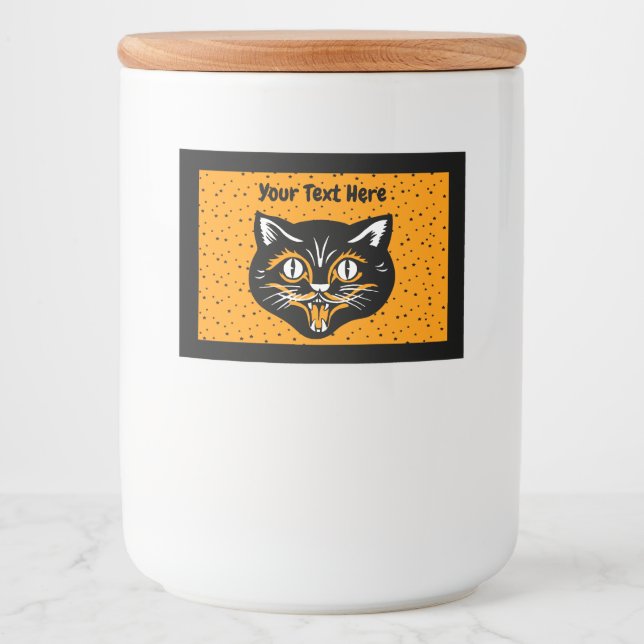 Halloween Cat Face Black Orange White on Stars Food Label (Front)