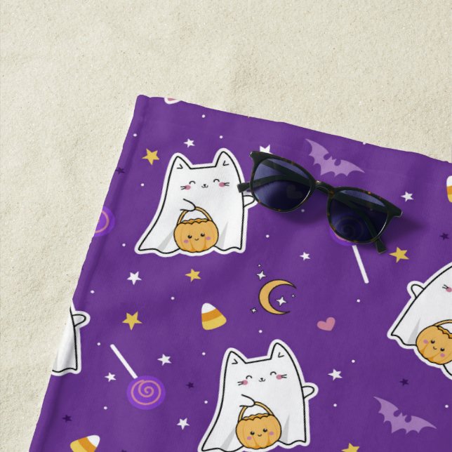 Halloween Cat Ghost Beach Towel (In Situ)
