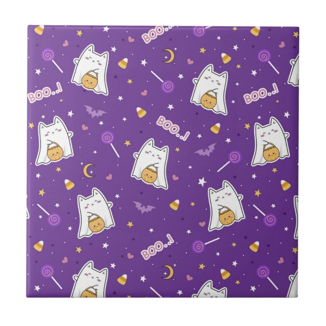 Halloween Cat Ghost Ceramic Tile (Front)