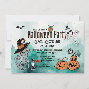 Halloween Cat & Ghost Doodle Invitation