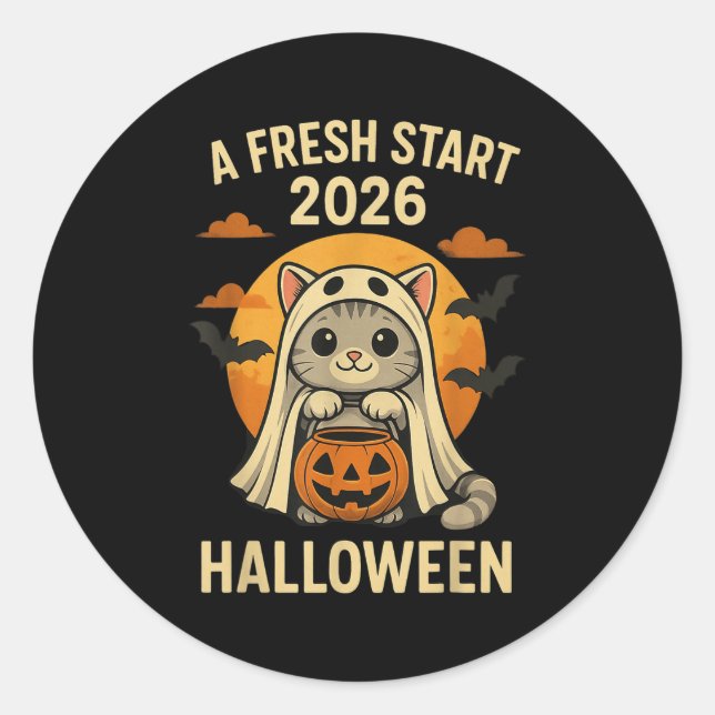 Halloween Cat Ghost Graphic - Fresh Start 2026  Classic Round Sticker (Front)