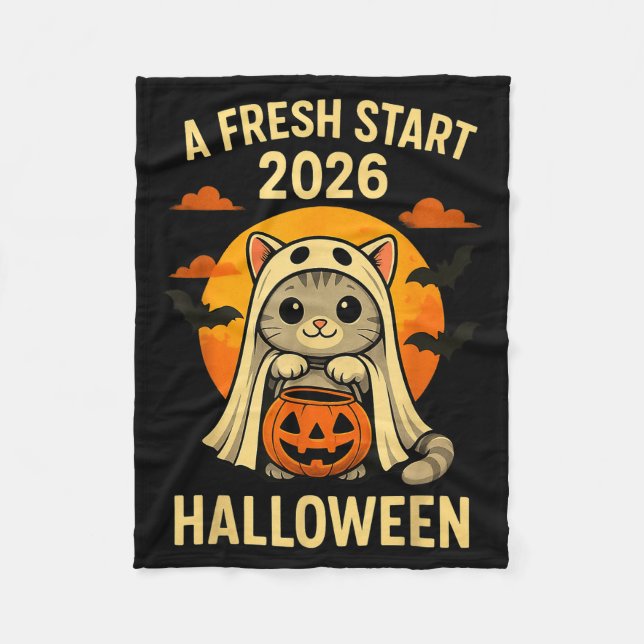 Halloween Cat Ghost Graphic - Fresh Start 2026  Fleece Blanket (Front)