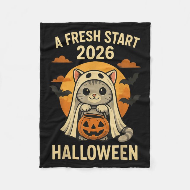 Halloween Cat Ghost Graphic - Fresh Start 2026  Fleece Blanket (Front)