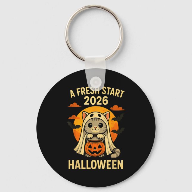 Halloween Cat Ghost Graphic - Fresh Start 2026  Key Ring (Front)