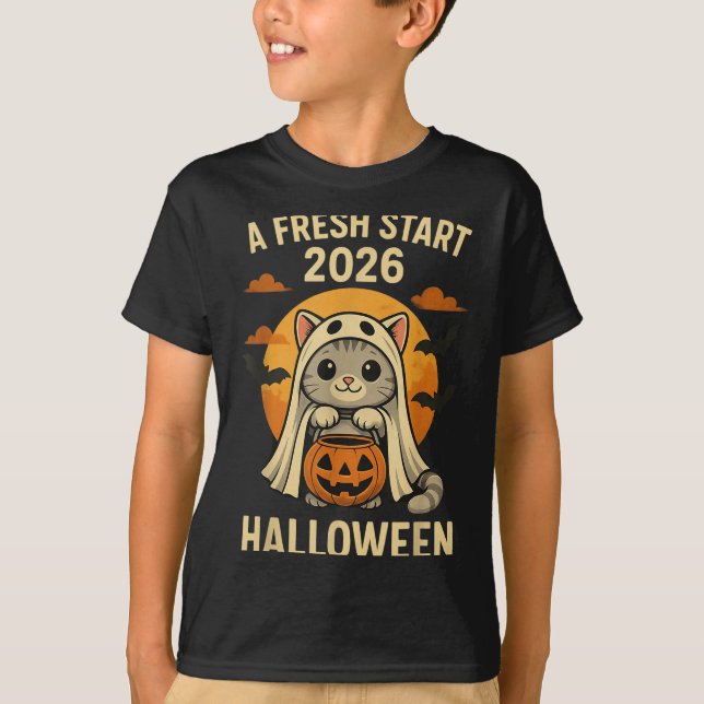 Halloween Cat Ghost Graphic - Fresh Start 2026  T-Shirt (Front)