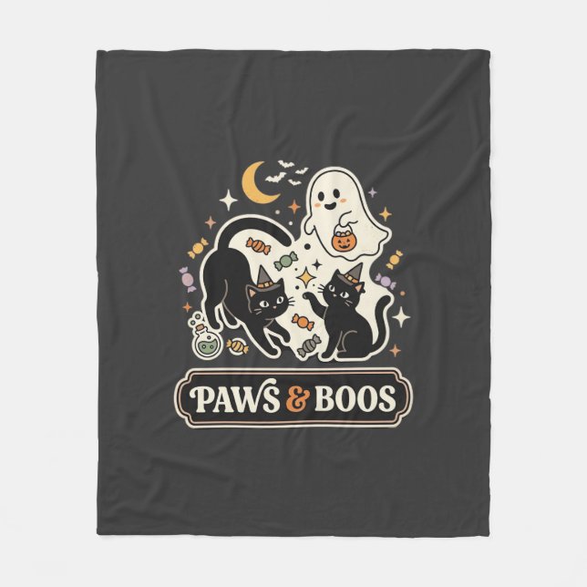 Halloween Cat Ghost Magic Fleece Blanket (Front)
