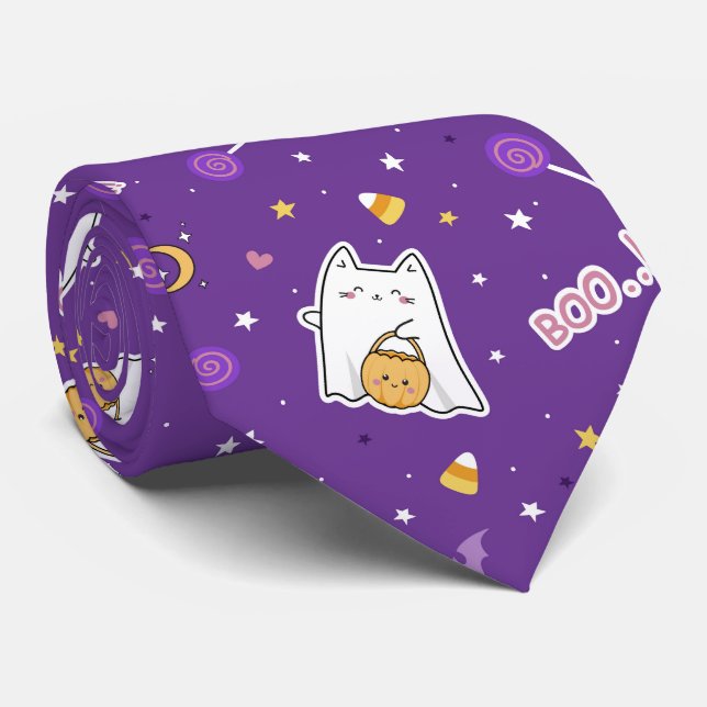 Halloween Cat Ghost Neck Tie (Rolled)