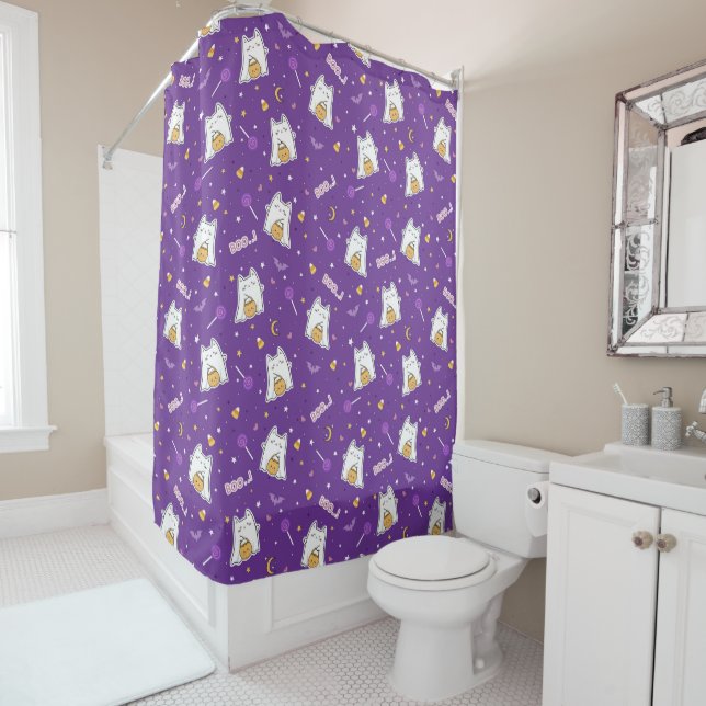 Halloween Cat Ghost Shower Curtain (In Situ)
