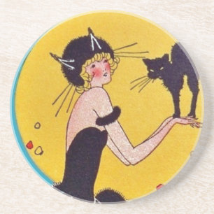 Halloween Cat Girl and Black Cat Coaster