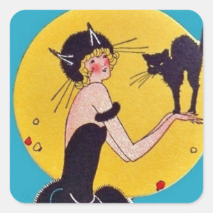 Halloween Cat Girl and Black Cat Square Sticker