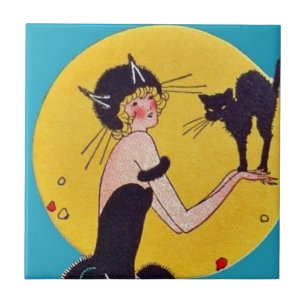 Halloween Cat Girl and Black Cat Tile