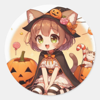 Halloween cat girl classic round sticker