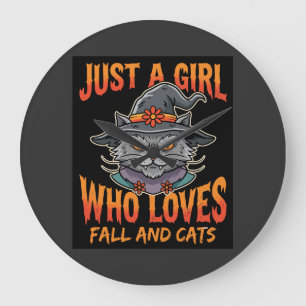 Halloween Cat Girl Witch Hat Fall Design Large Clock