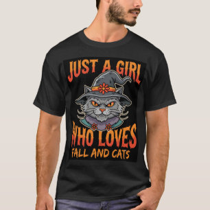 Halloween Cat Girl Witch Hat Fall Design T-Shirt