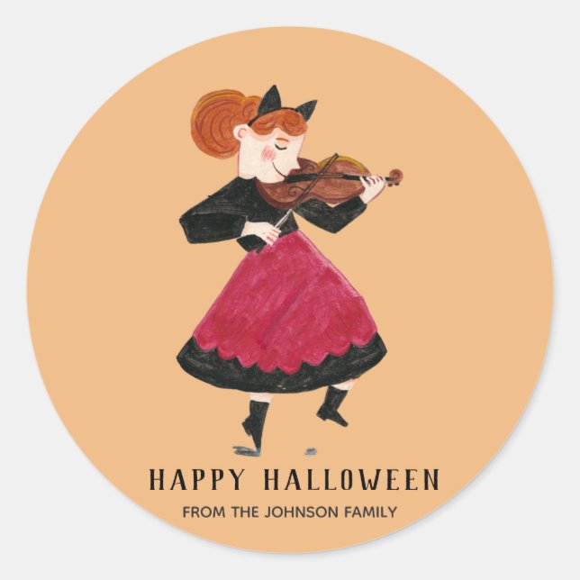Halloween cat girl with pink dress classic round sticker (Front)