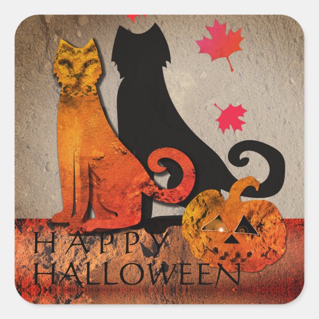Halloween Cat Greeting Square Sticker (Front)