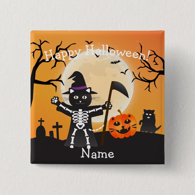 Halloween Cat Grim Reaper 15 Cm Square Badge (Front)