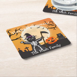 Halloween Cat Grim Reaper Square Paper Coaster