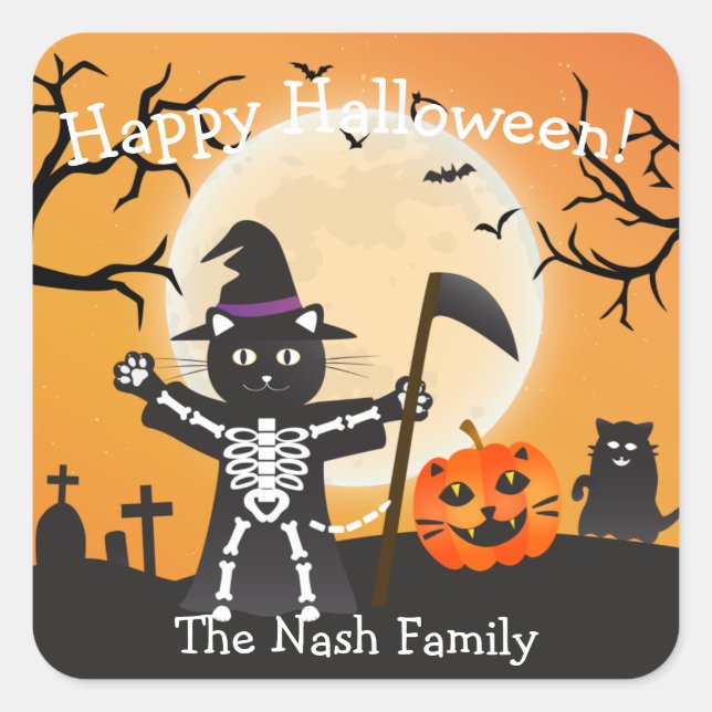 Halloween Cat Grim Reaper Square Sticker (Front)