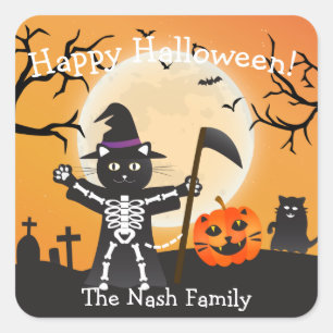 Halloween Cat Grim Reaper Square Sticker