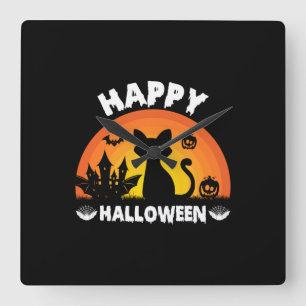 Halloween Cat Happy Halloween Birthday Square Wall Clock