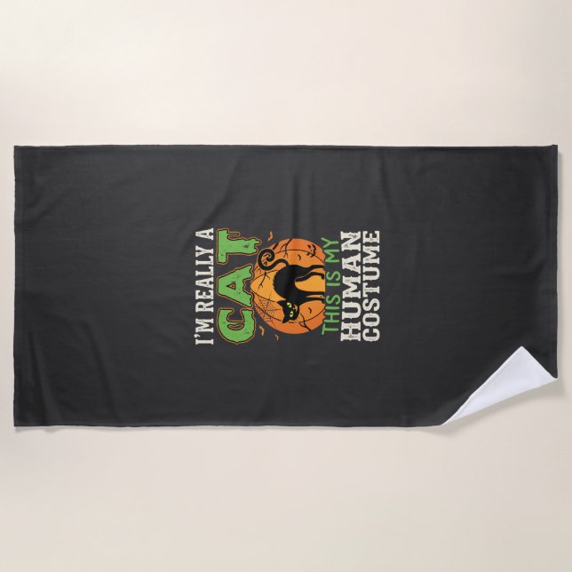 Halloween Cat Human Costume Funny Design Beach Towel (Front)