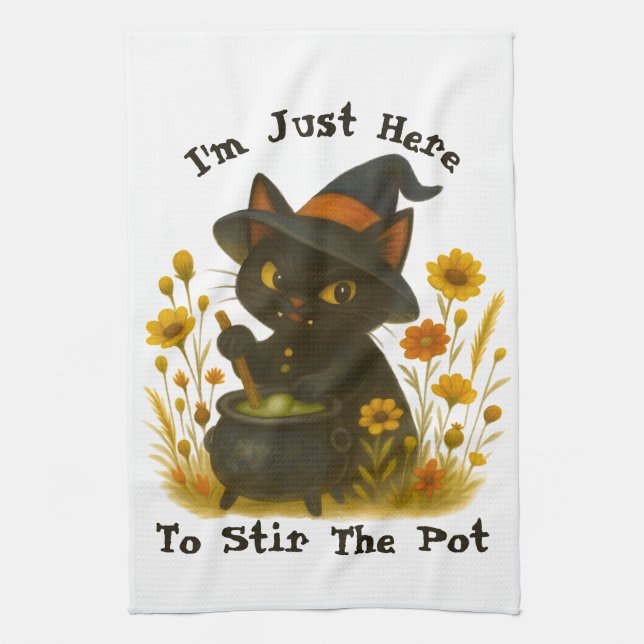 Halloween Cat - I’m Just Here to Stir the Pot Tea Towel (Vertical)