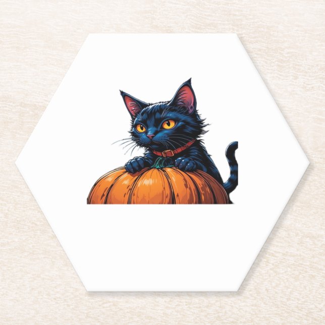 Halloween Cat in Enchanted Pumpkin Patch Classic T Paper Coaster (Front)