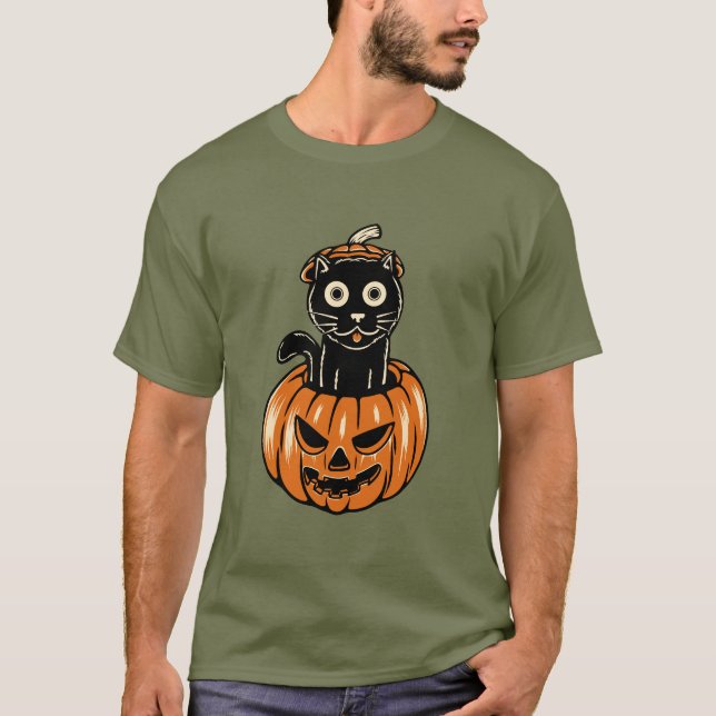Halloween Cat In  Pumkin T-Shirt (Front)